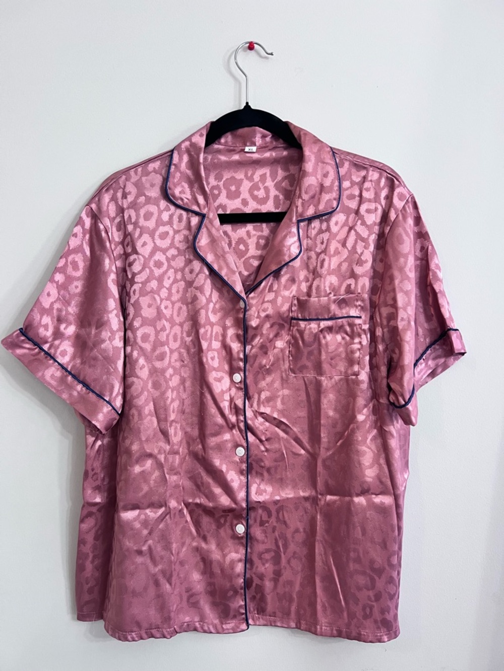 Silky Pink Leopard Satin Button-Up Pajama Top